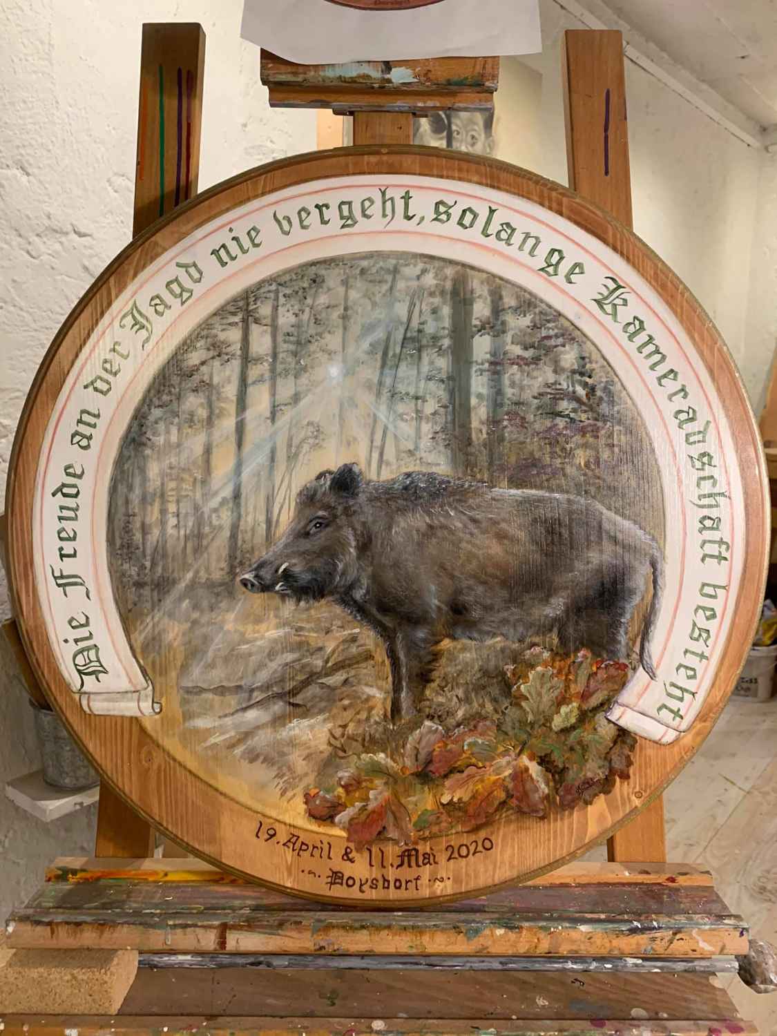 Jagdscheibe 60cm mit Wildschwein, Wald, Banner und Schrift 450,-